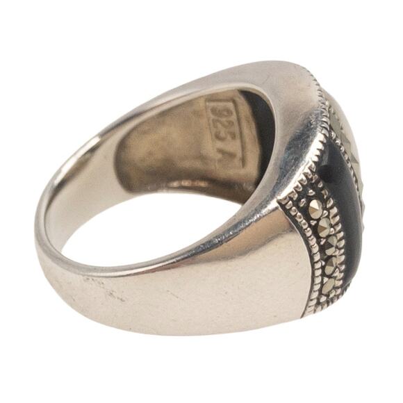 Sterling Silver Marcasite Onyx Mother of Pearl Statement Ring Size 7 - Picture 3 of 14